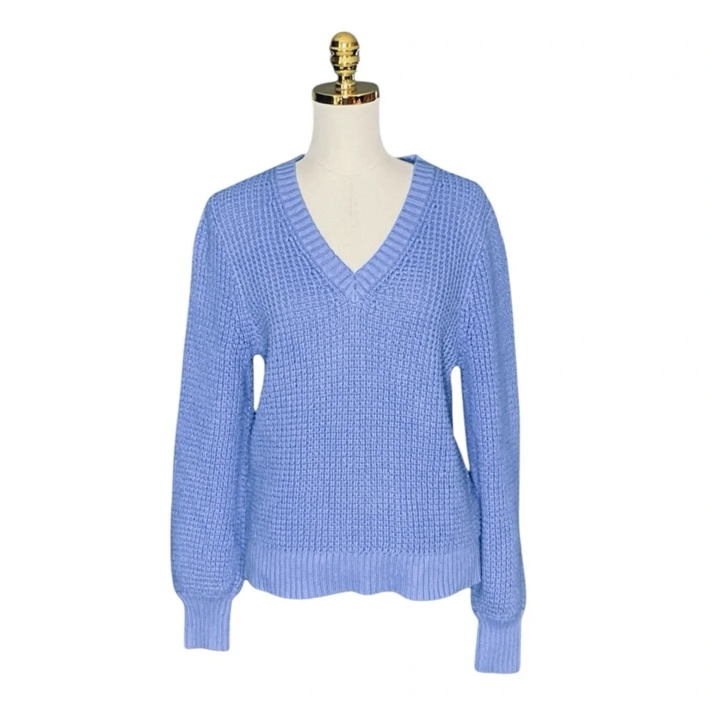 J.CREW Women’s Cotton Periwinkle, Chunky knit, V-neck Long Sleeve Sweater XL - Picture 2 of 7
